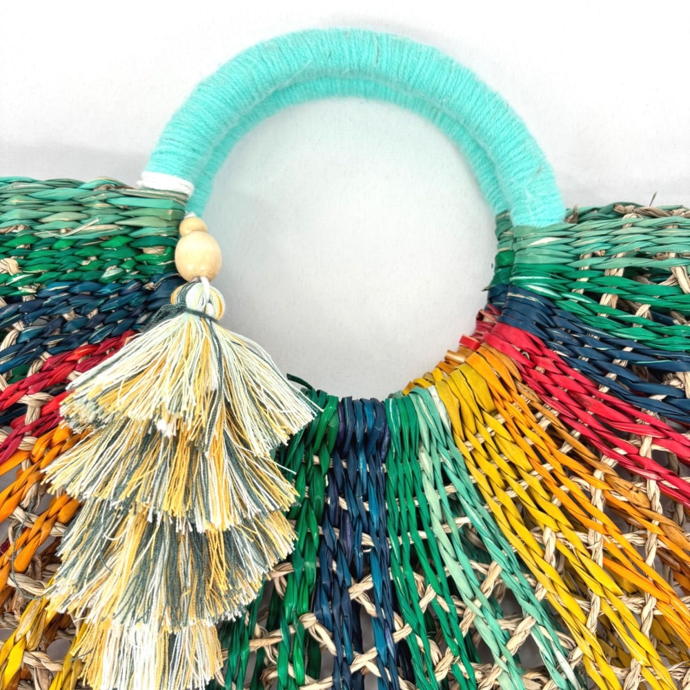 C&C California Rainbow Straw Tote Bag Woven Fan Handbag Multicolor Tassel Boho - Picture 3 of 4